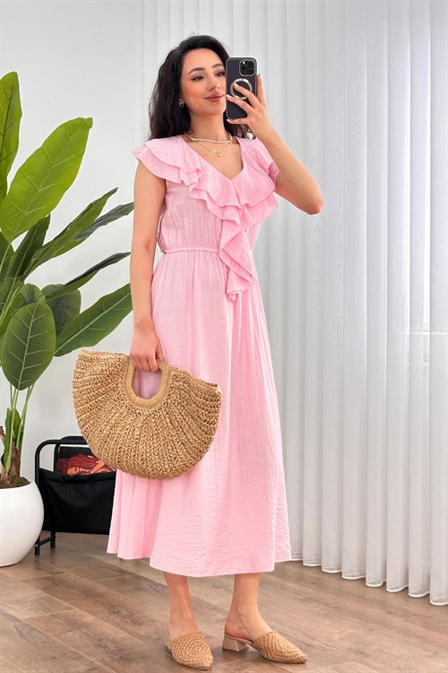 Yaka Fırfırlı Toptan Pembe Uzun Elbise