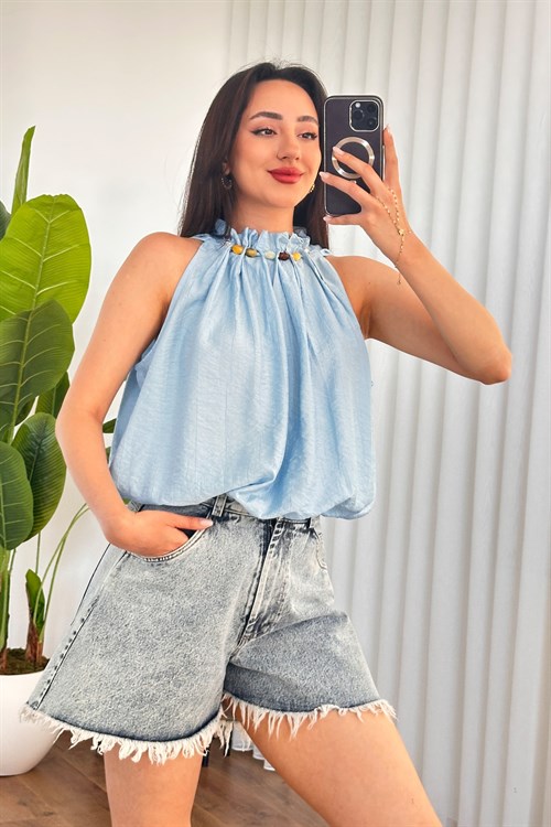 Yakası Boncuklu Balon Model Toptan Bebe Mavisi Bluz