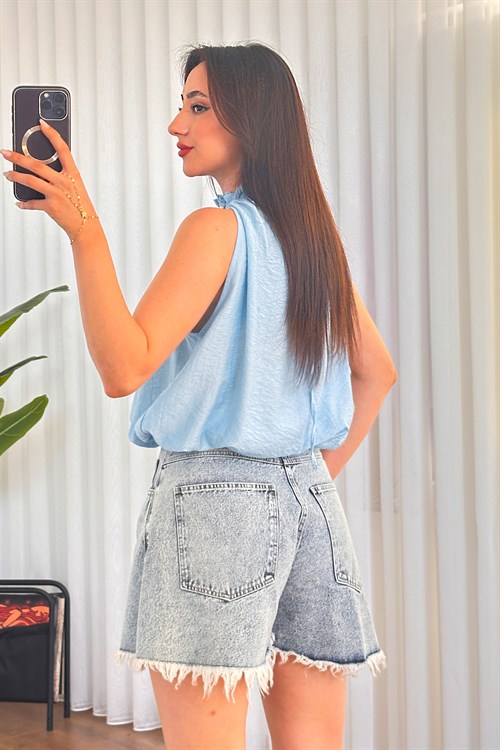 Yakası Boncuklu Balon Model Toptan Bebe Mavisi Bluz