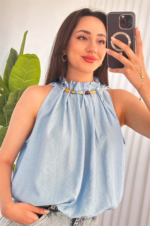 Yakası Boncuklu Balon Model Toptan Bebe Mavisi Bluz