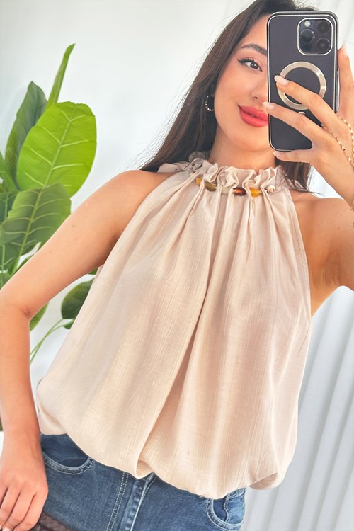 Yakası Boncuklu Balon Model Toptan Bej Bluz