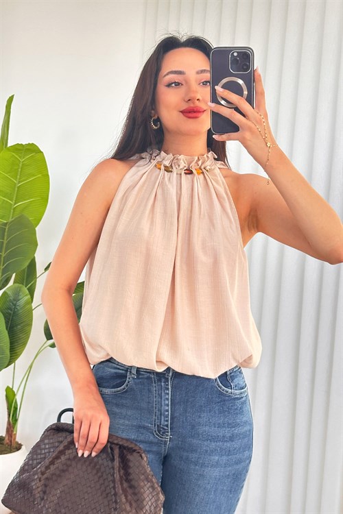 Yakası Boncuklu Balon Model Toptan Bej Bluz