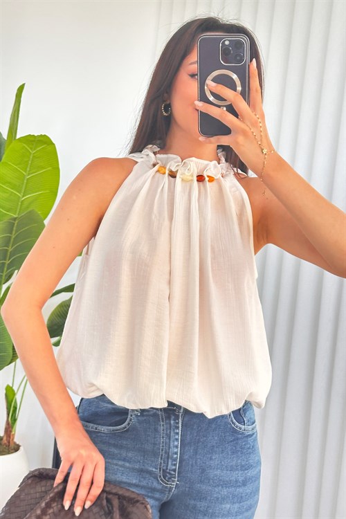 Yakası Boncuklu Balon Model Toptan Beyaz Bluz