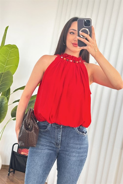 Yakası Boncuklu Balon Model Toptan Kırmızı Bluz