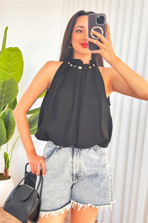 Yakası Boncuklu Balon Model Toptan Siyah Bluz