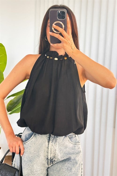 Yakası Boncuklu Balon Model Toptan Siyah Bluz