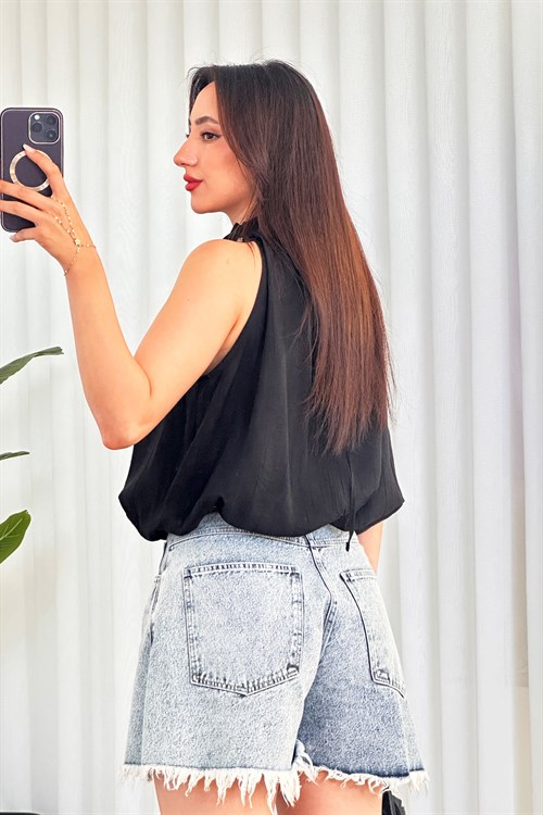 Yakası Boncuklu Balon Model Toptan Siyah Bluz