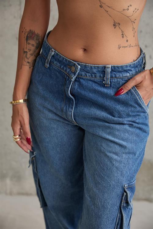 Toptan Mavi Yan Cepli Jeans Pantolon