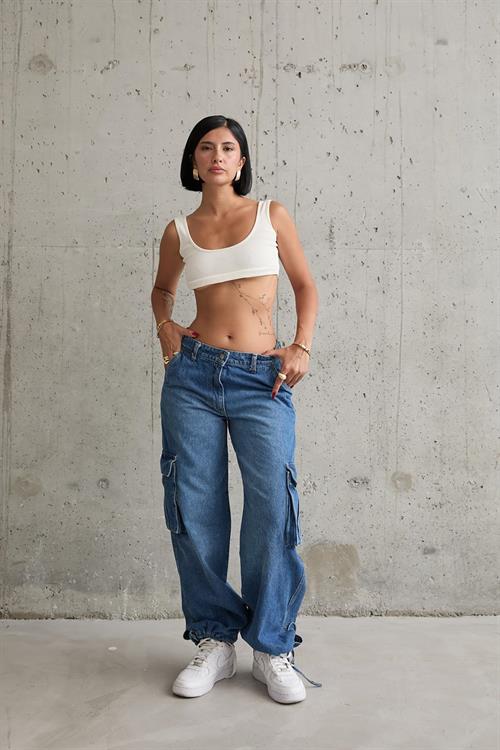Toptan Mavi Yan Cepli Jeans Pantolon
