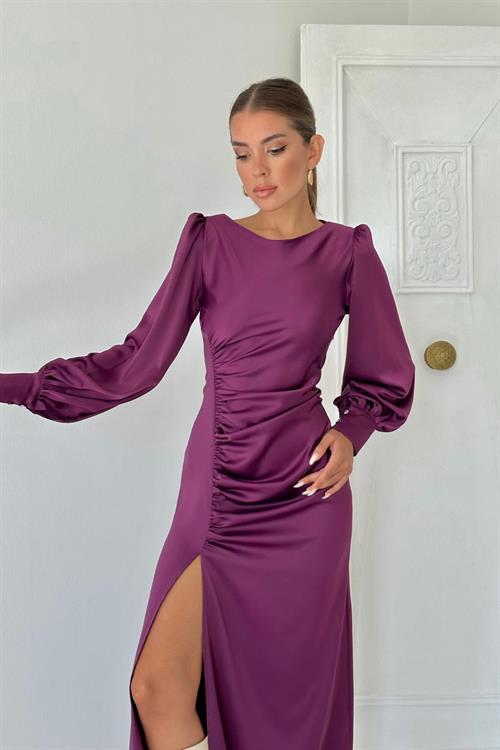 Wholesale Purple Satin Dress with Front Slit