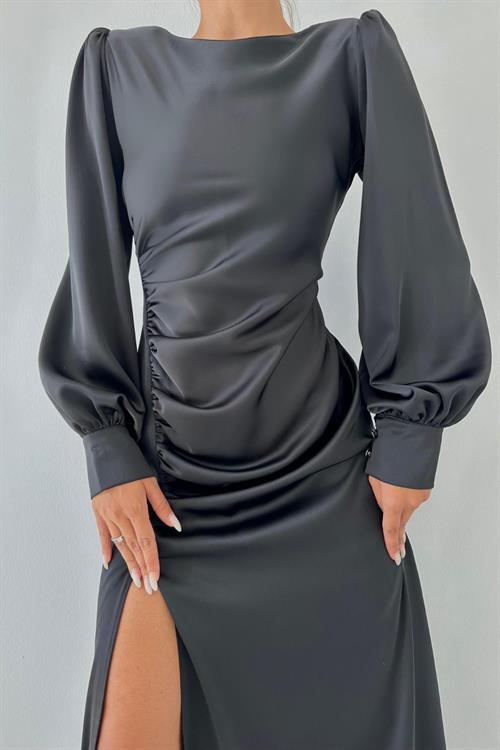 Wholesale Black Satin Dress with Front Slit