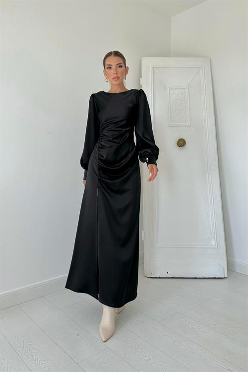 Wholesale Black Satin Dress with Front Slit