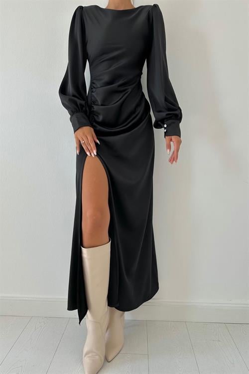 Wholesale Black Satin Dress with Front Slit