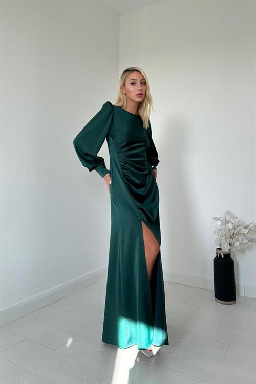 Wholesale Emerald Green Satin Dress with Front Slit