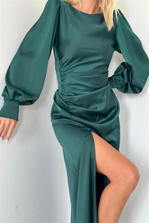 Wholesale Emerald Green Satin Dress with Front Slit