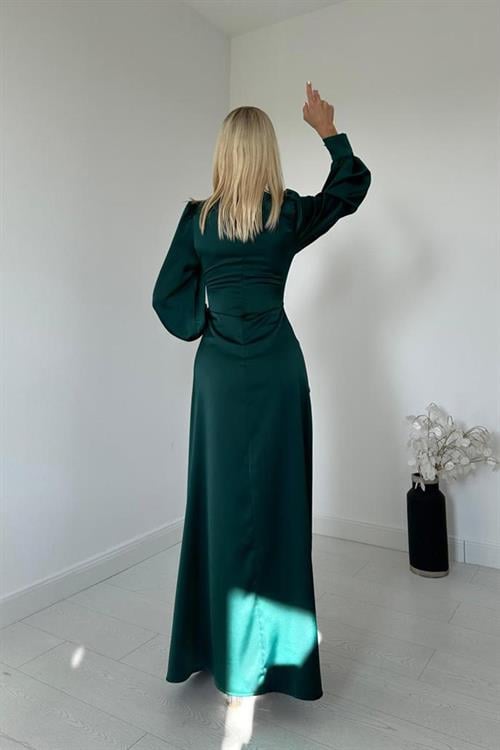 Wholesale Emerald Green Satin Dress with Front Slit