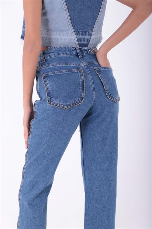 Wholesale Side and Back Pocket Striped Zippered Denim Pants - Anthracite Denim