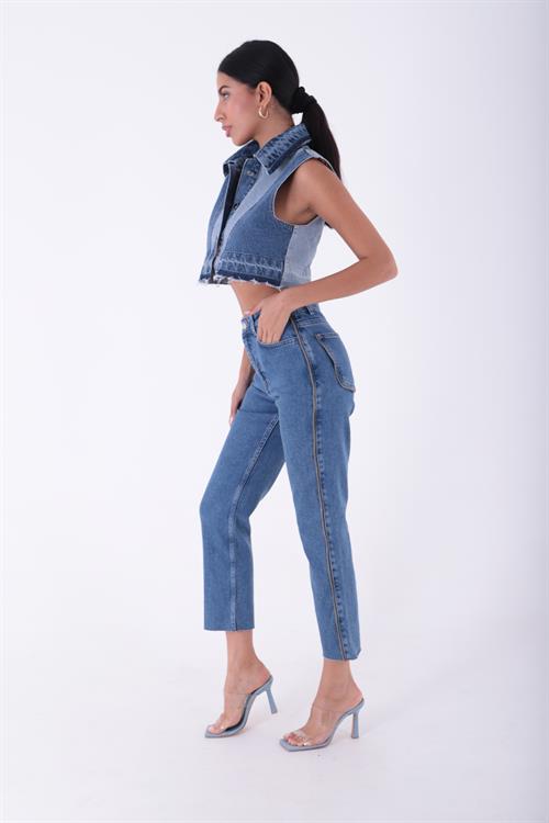 Wholesale Side and Back Pocket Striped Zippered Denim Pants - Anthracite Denim