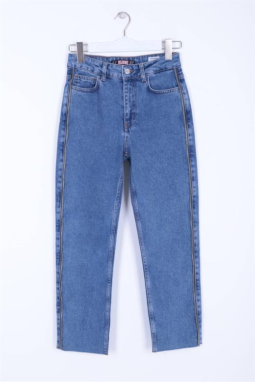 Wholesale Side and Back Pocket Striped Zippered Denim Pants - Anthracite Denim