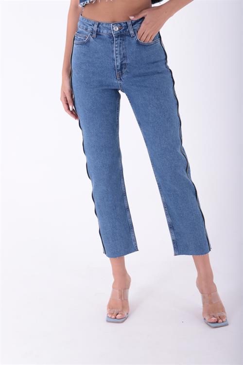 Wholesale Side and Back Pocket Striped Zippered Denim Pants - Anthracite Denim