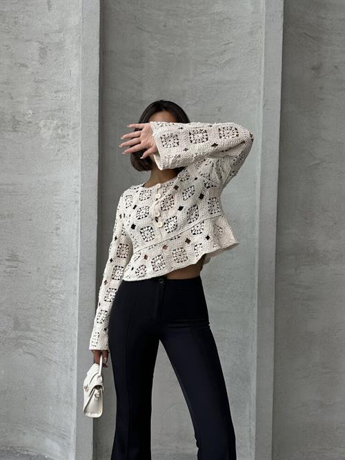 Yarım Düğmeli Dantel Toptan Hırka - Ham