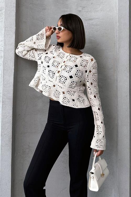 Yarım Düğmeli Dantel Toptan Hırka - Ham