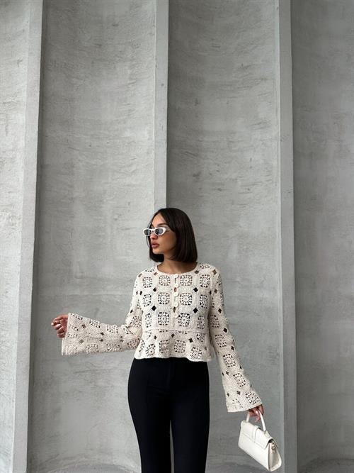 Yarım Düğmeli Dantel Toptan Hırka - Ham