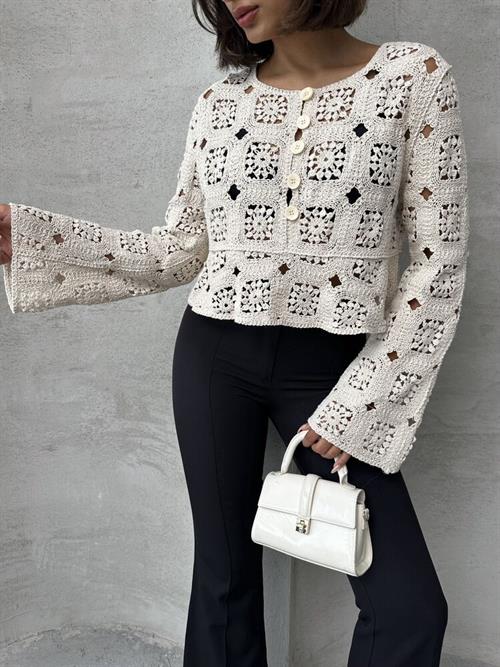 Yarım Düğmeli Dantel Toptan Hırka - Ham