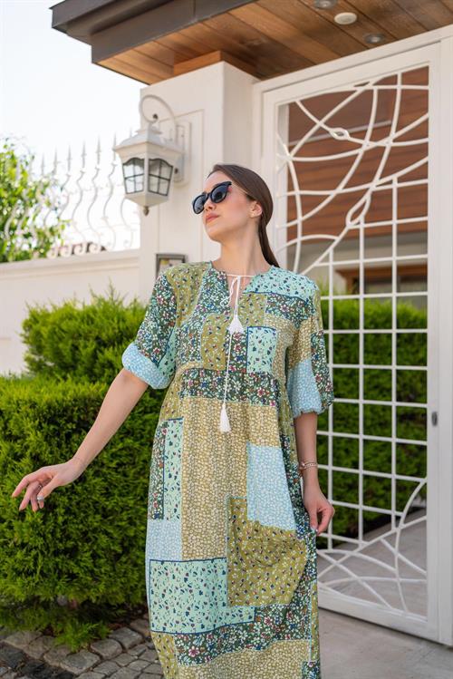 Toptan Yeşil Salaş Desenli Elbise