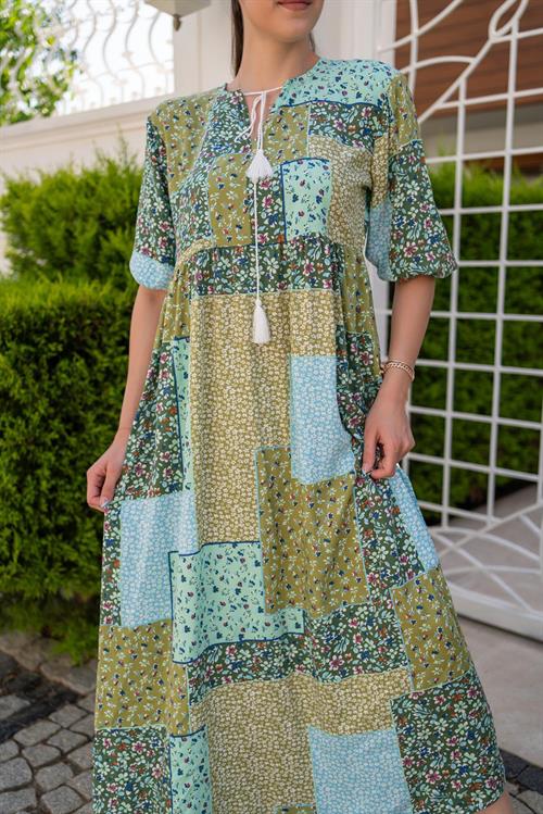 Toptan Yeşil Salaş Desenli Elbise