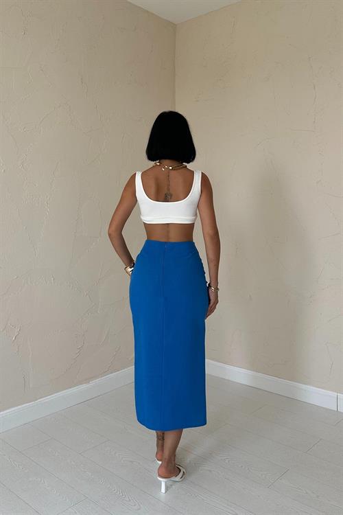 Wholesale Sax Blue Shirred Skirt with Front Slit