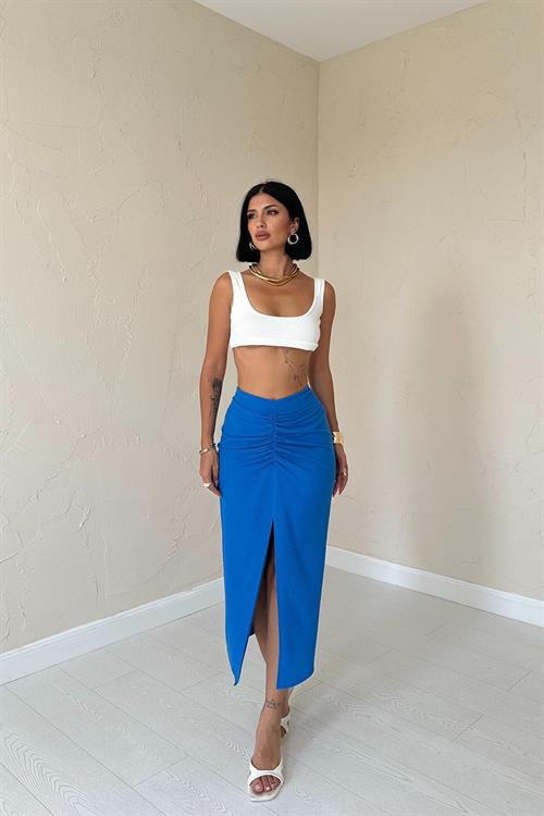 Wholesale Sax Blue Shirred Skirt with Front Slit