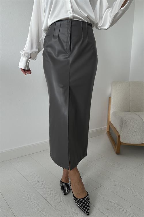 Wholesale Gray Leather Skirt with Front Slit