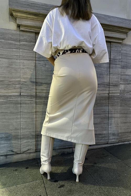 Wholesale Cream Leather Skirt with Front Slit