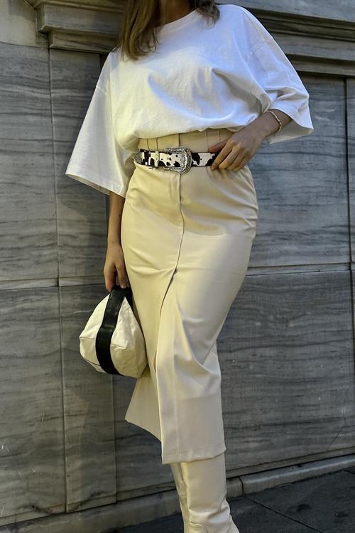 Wholesale Cream Leather Skirt with Front Slit