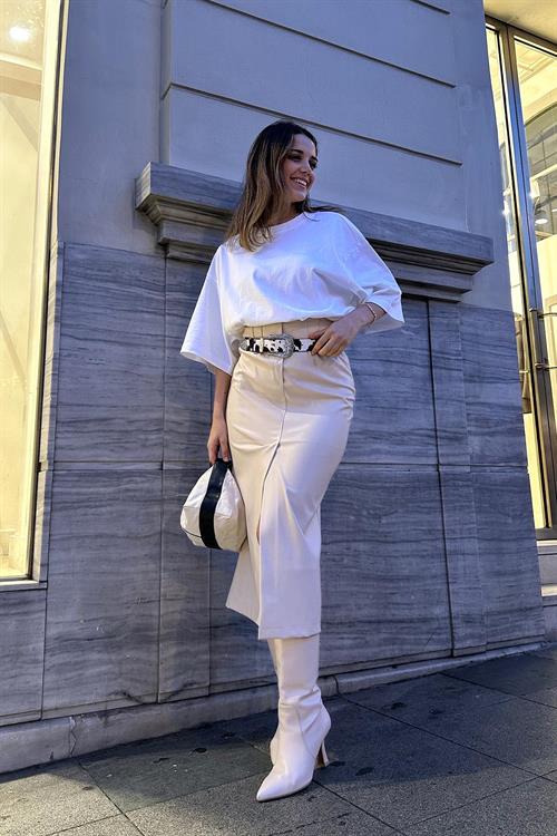 Wholesale Cream Leather Skirt with Front Slit