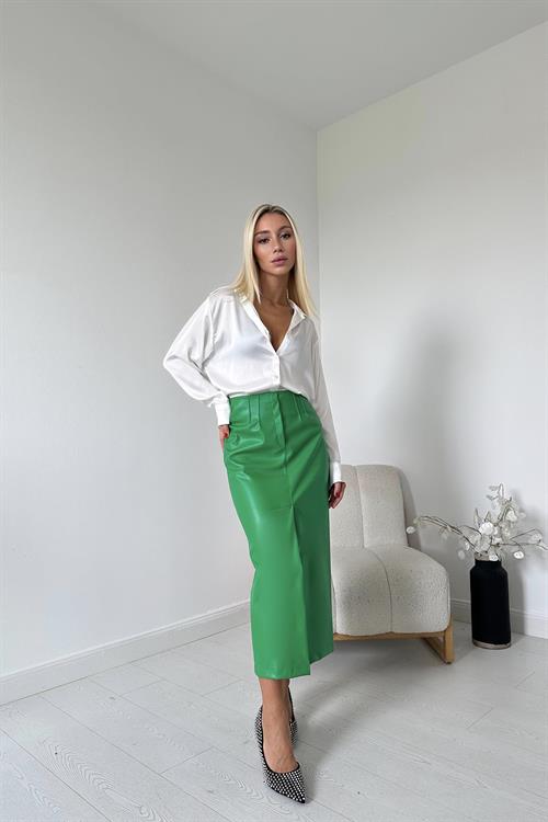 Wholesale Green Leather Skirt with Front Slit