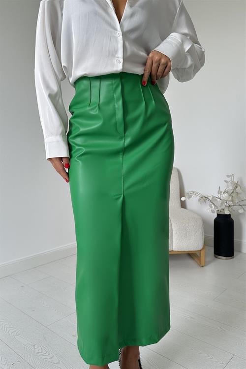 Wholesale Green Leather Skirt with Front Slit