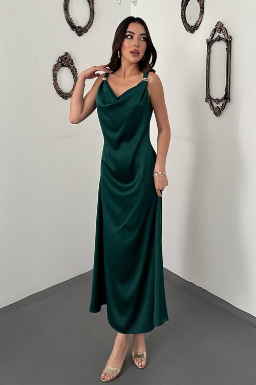 Wholesale Emerald Green Satin Cowl-Neck Dress with Buckled Shoulders