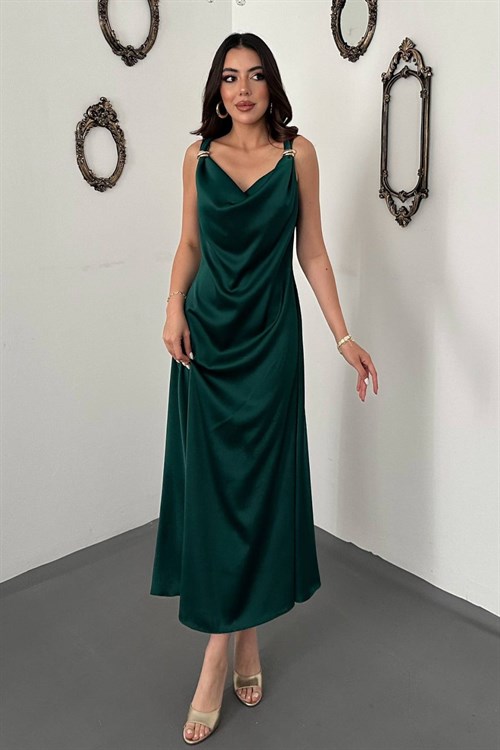Wholesale Emerald Green Satin Cowl-Neck Dress with Buckled Shoulders