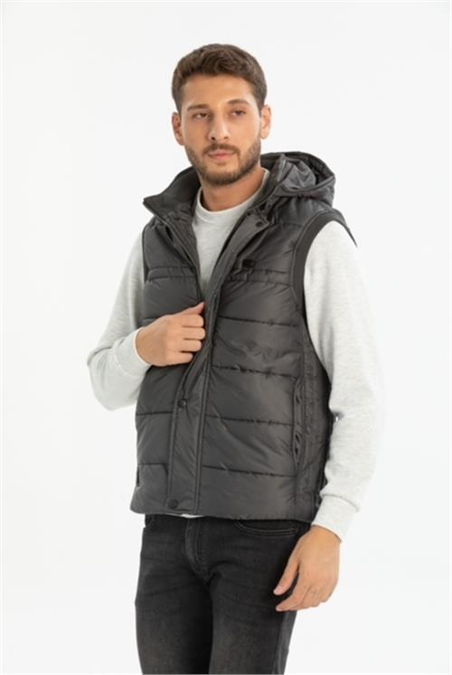 Wholesale Anthracite Hooded Jersey Lined Puffer Vest