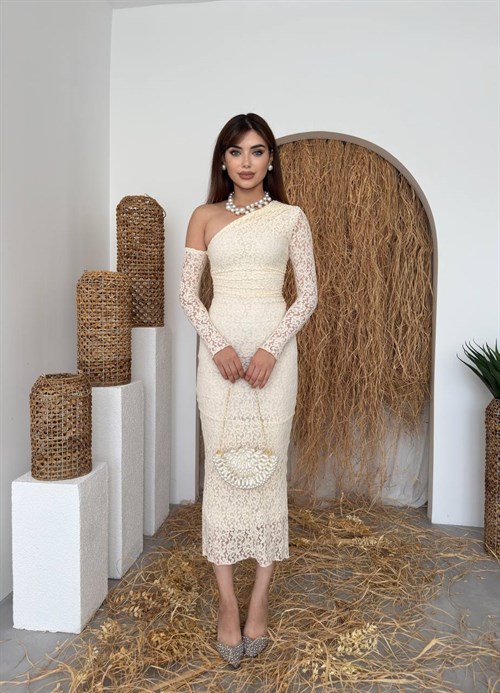Bees One Shoulder Detailed Dress - Beige