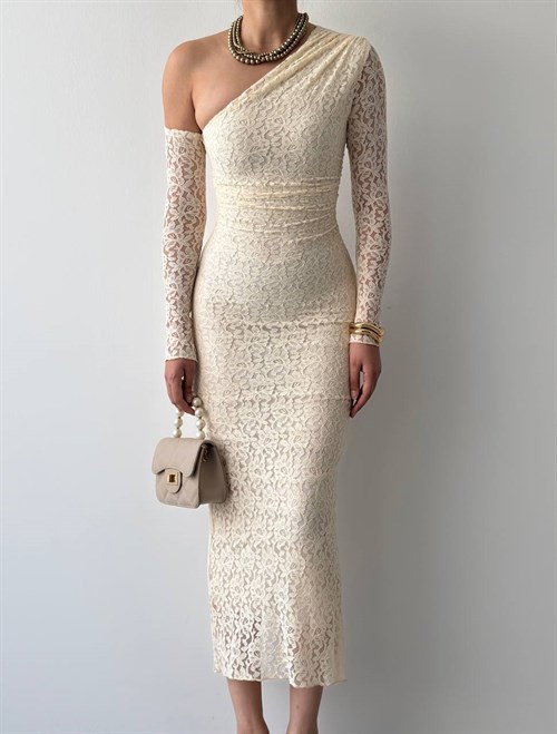 Bees One Shoulder Detailed Dress - Beige