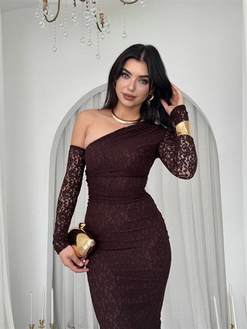 Bees One Shoulder Detailed Dress - Brown