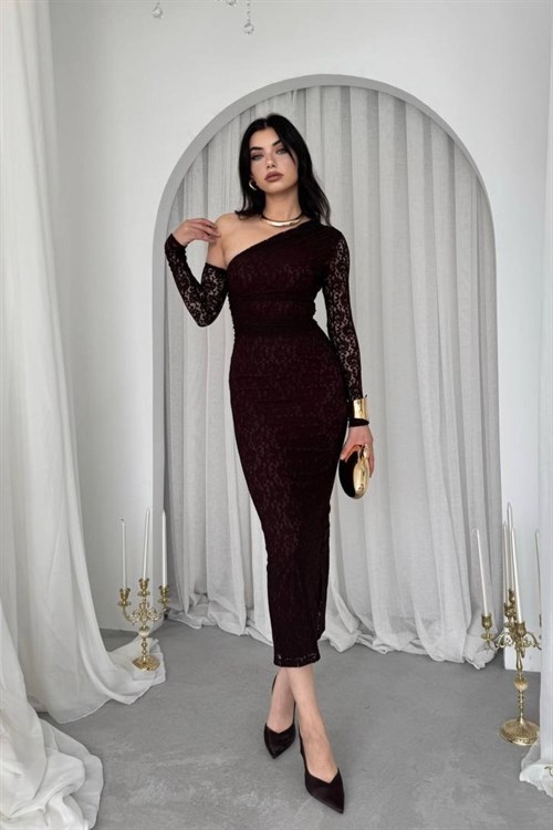 Bees One Shoulder Detailed Dress - Brown
