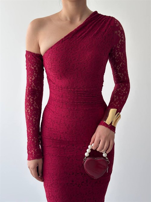 Bees One Shoulder Detailed Dress - Burgundy