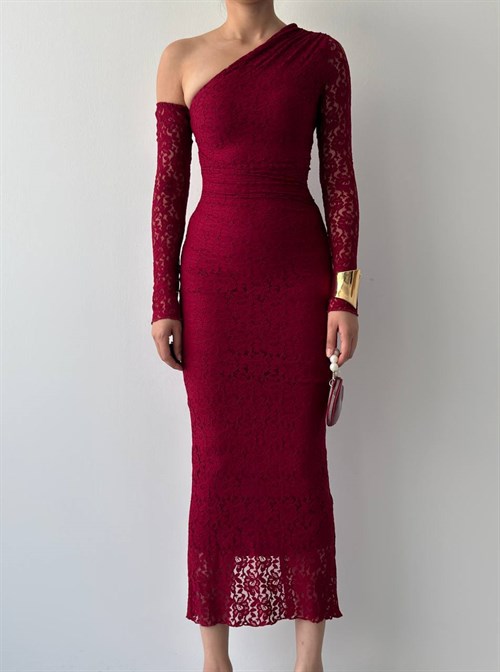 Bees One Shoulder Detailed Dress - Burgundy