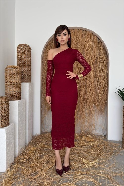 Bees One Shoulder Detailed Dress - Burgundy