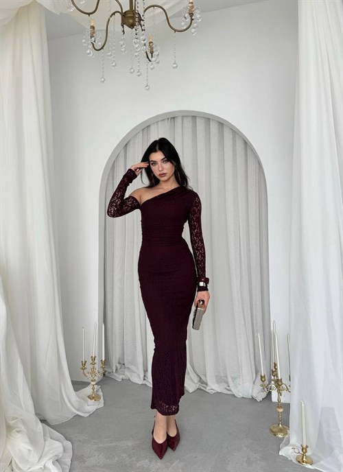 Bees One Shoulder Detailed Dress - Plum