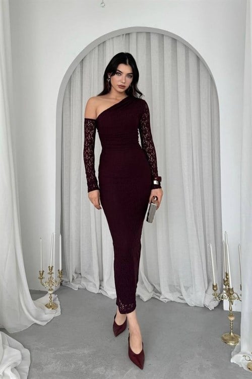 Bees One Shoulder Detailed Dress - Plum